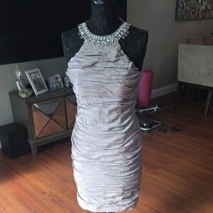Cachet Silver Ruched Halter Cocktail Dress